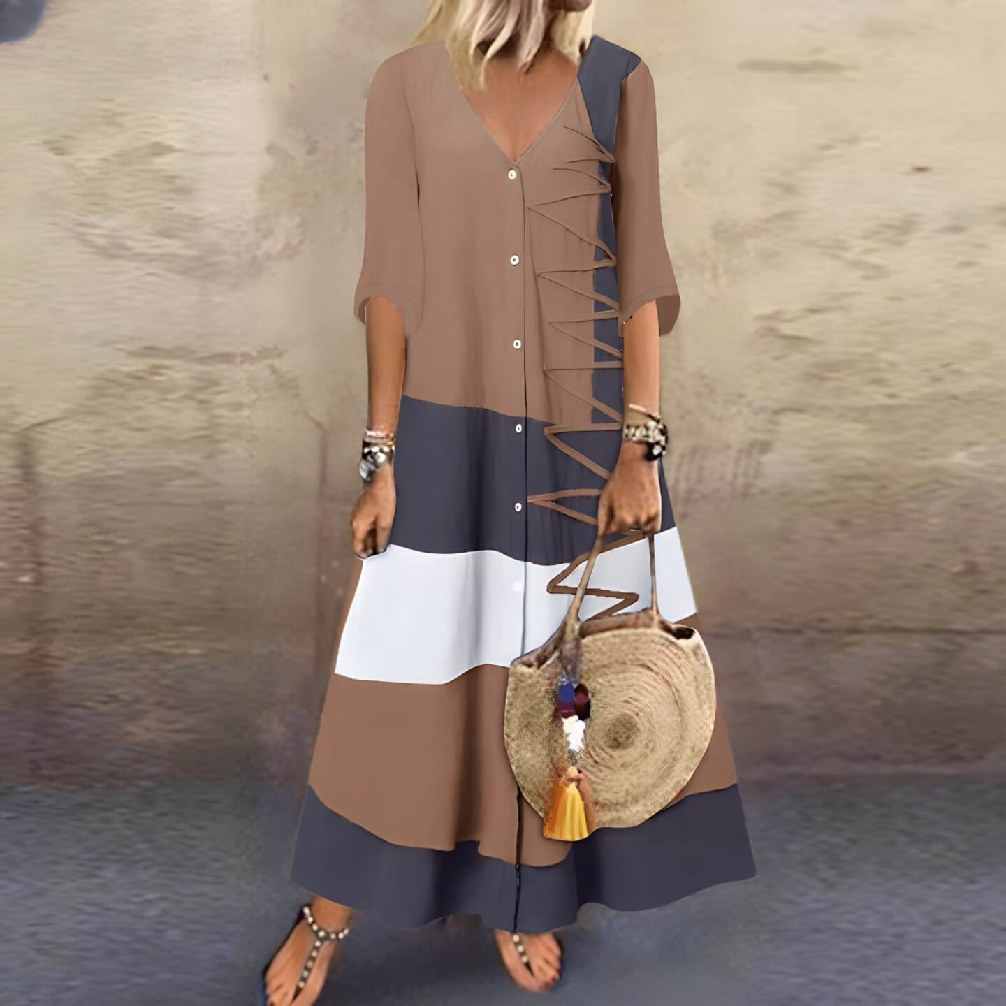 Vestido Longo com Abotoamento Bege 2