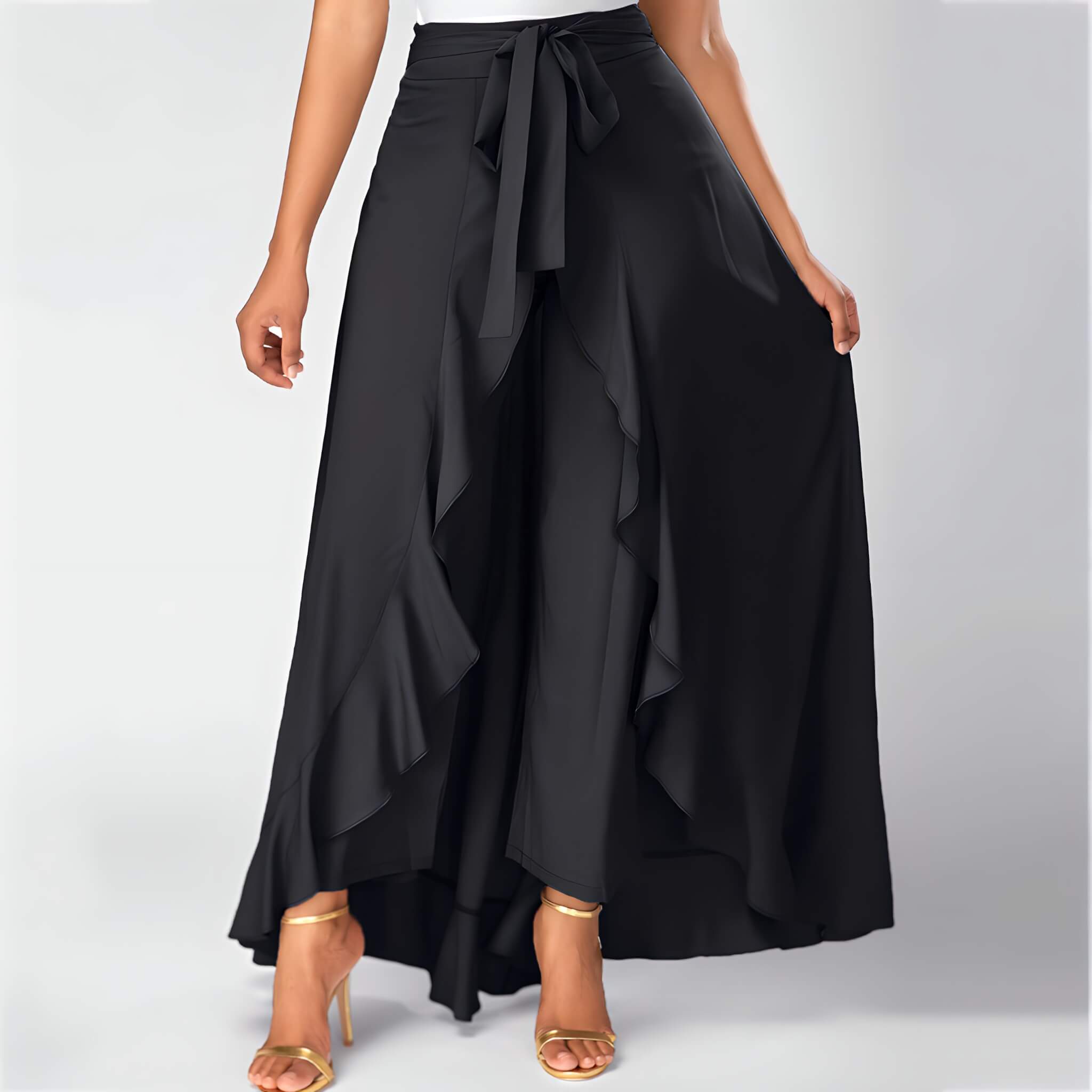 Calça Pantalona Com Babados Preto 1