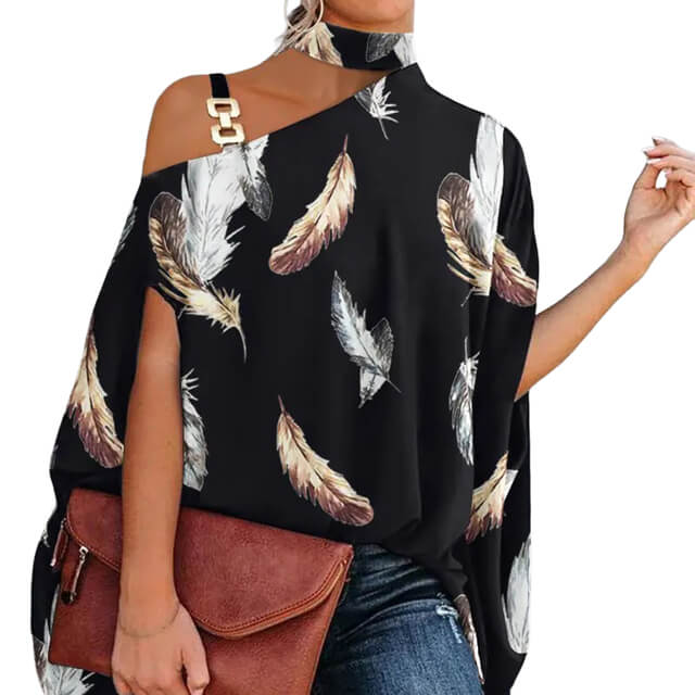 Blusa Gola Alta E Ombro Aberto Blenda Preto Penas / P 37