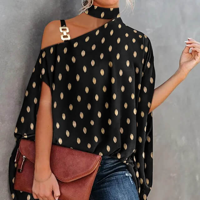 Blusa Gola Alta E Ombro Aberto Blenda Preto Bolinhas / M 37