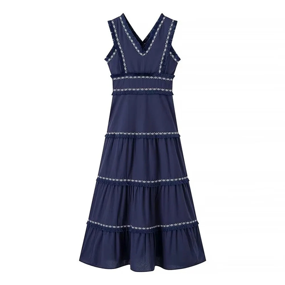 Vestido Longo Bordado Azul Marinho 06
