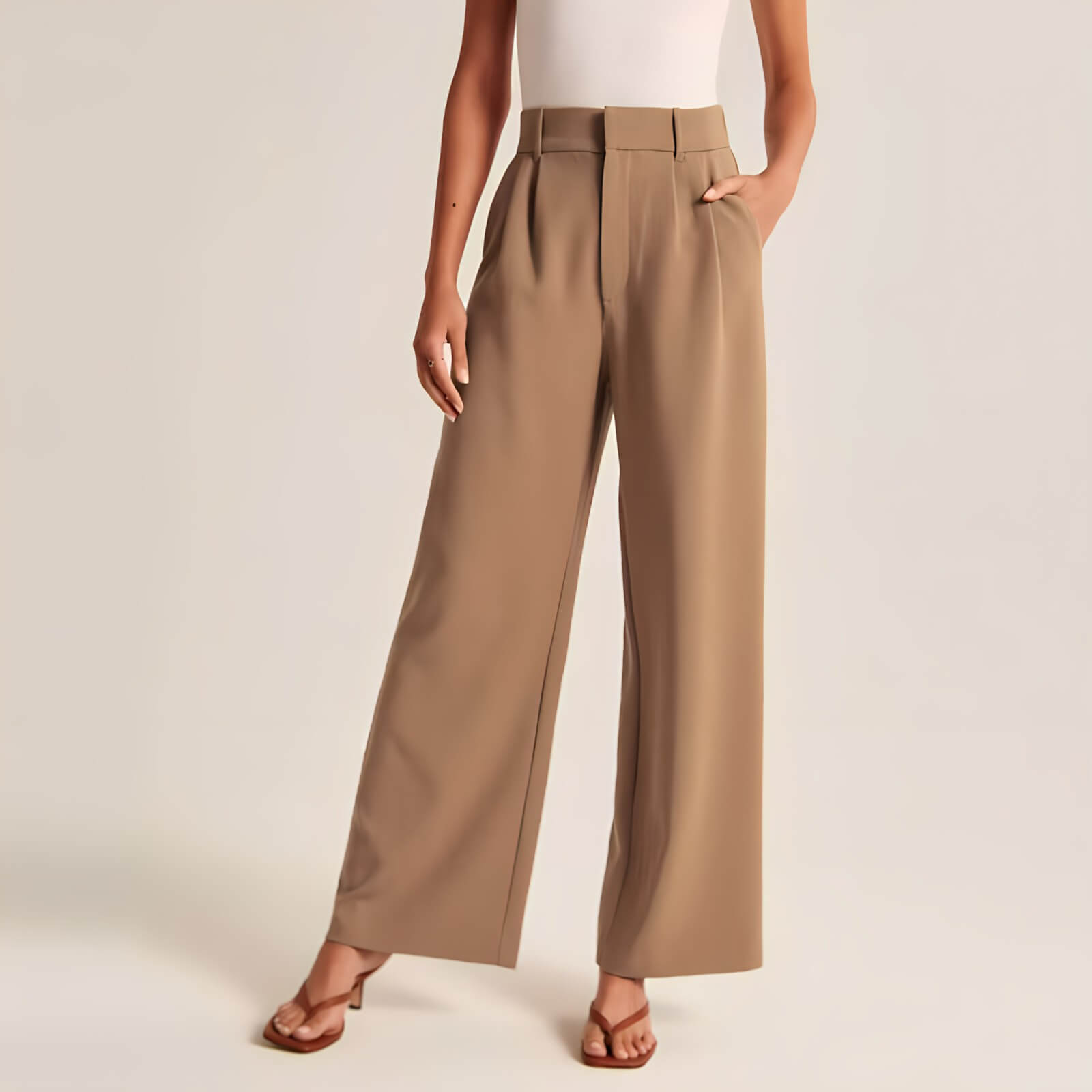Calça Feminina Wide Leg de Alfaiataria Bege Escuro 1