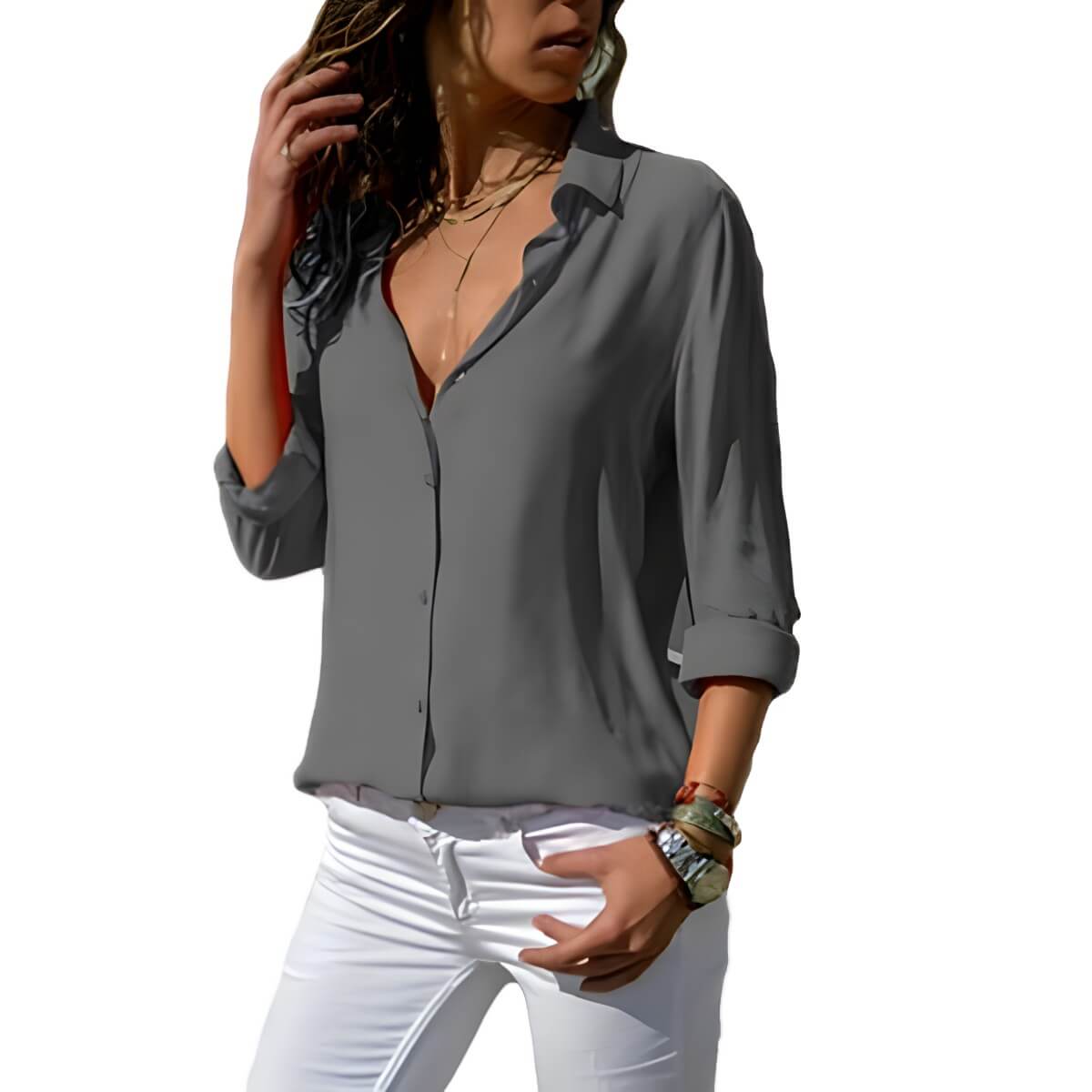 Camisa Clássica de Chiffon Cinza 8