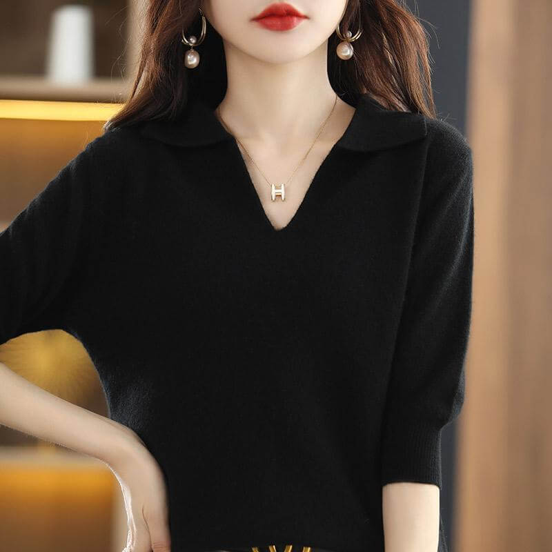 Suéter Feminino Gola Polo Decotado Preto 